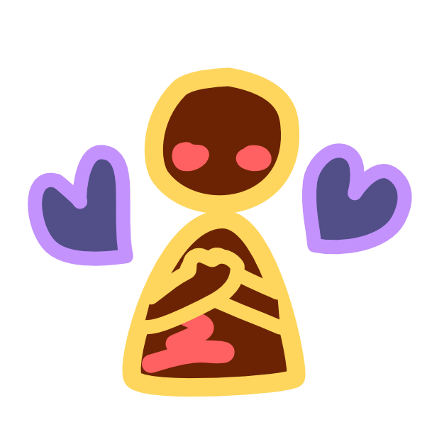 a brown figure with yellow line art and its hands over its chest where its heart would be has purple hearts on either side of it. The image has light line art